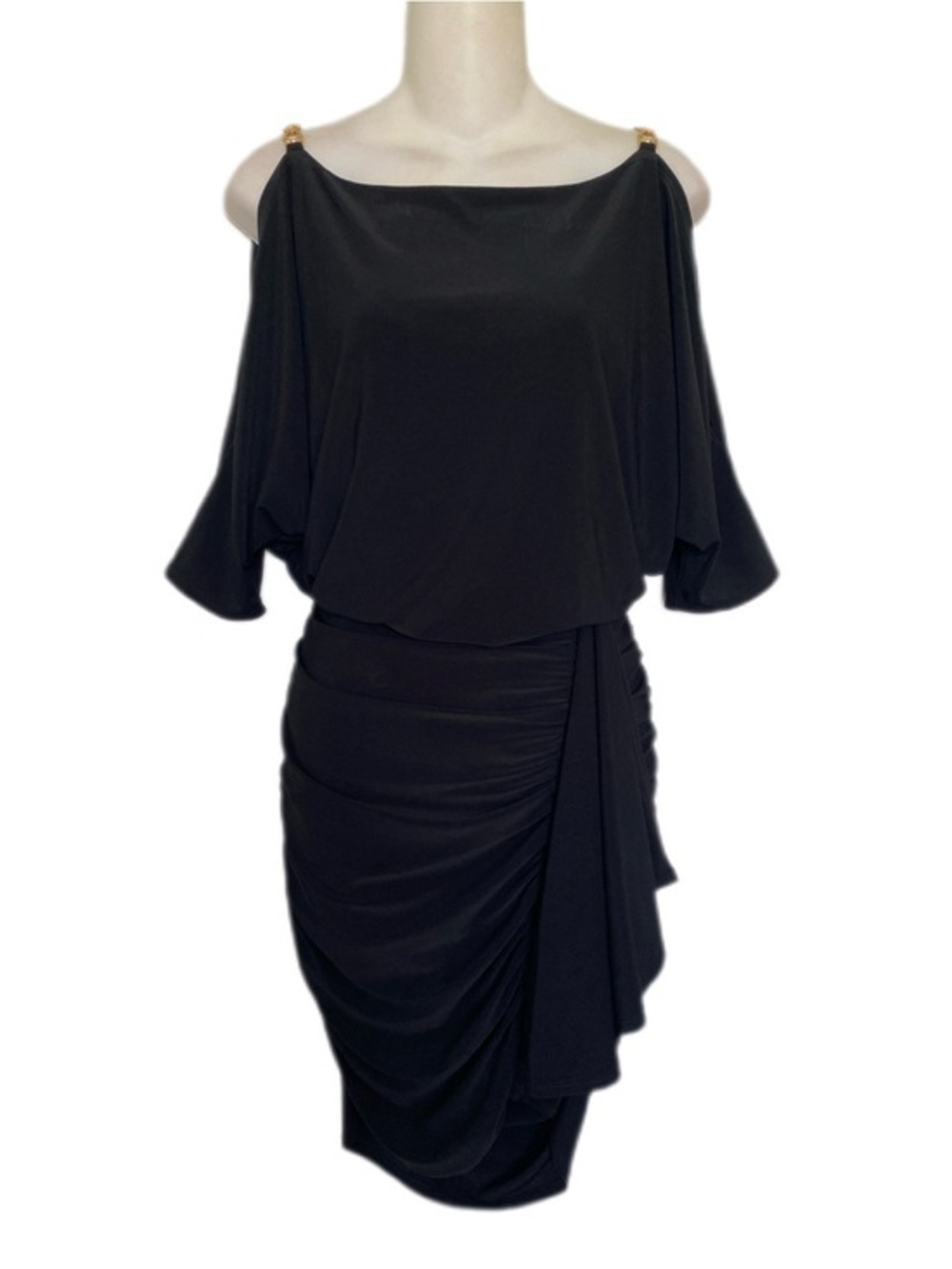 Cache Black Cold Shoulder Dolman Draped Skirt Jersey Dress Small